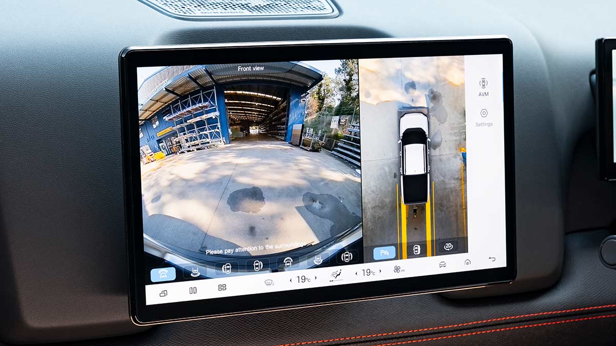 Centre touchscreen in BYD Shark 6 Cab Chassis with split screen showing rear view camera angles.