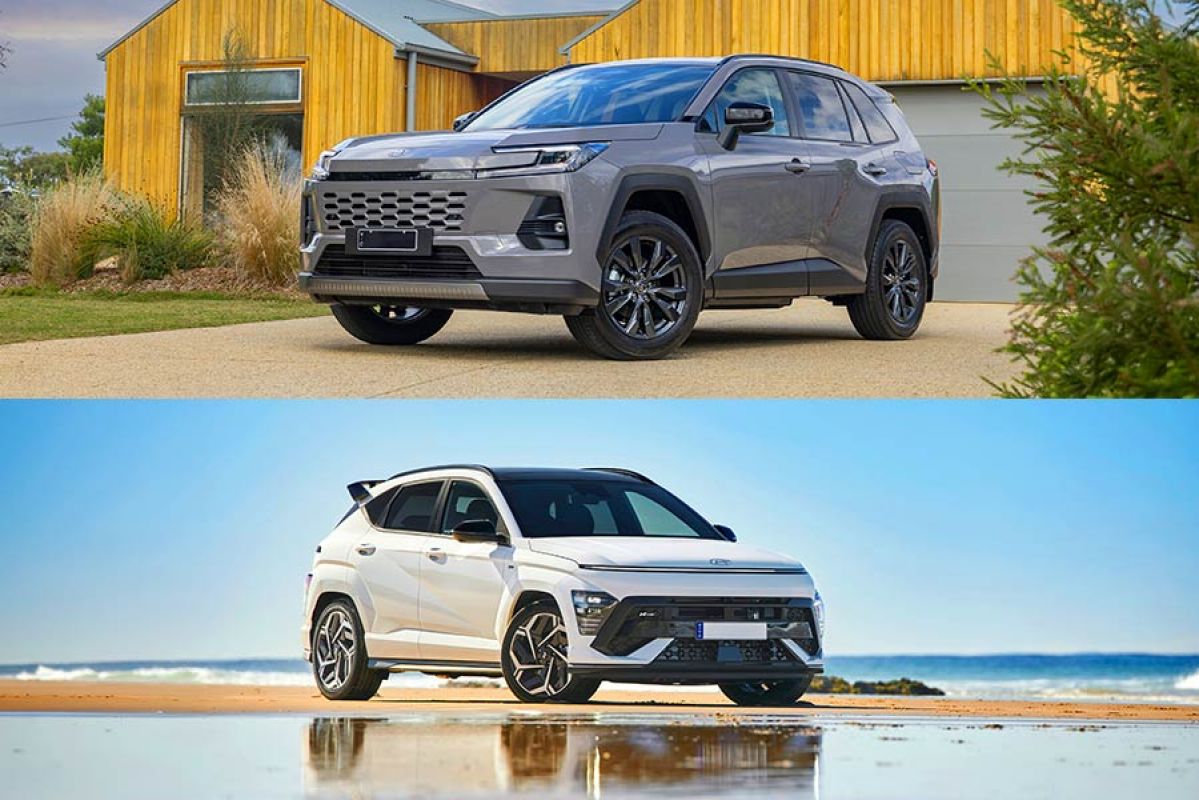 Split image with white Hyundai Kona small SUV on beach and grey Toyota RAV4 medium SUV on driveway in front of prestige timber beach house.