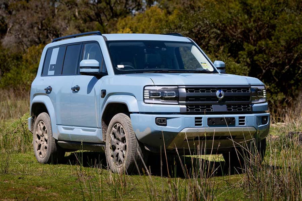 Blue Denza B5 large SUV on grassy clearing in bush at Lang Lang proving ground.