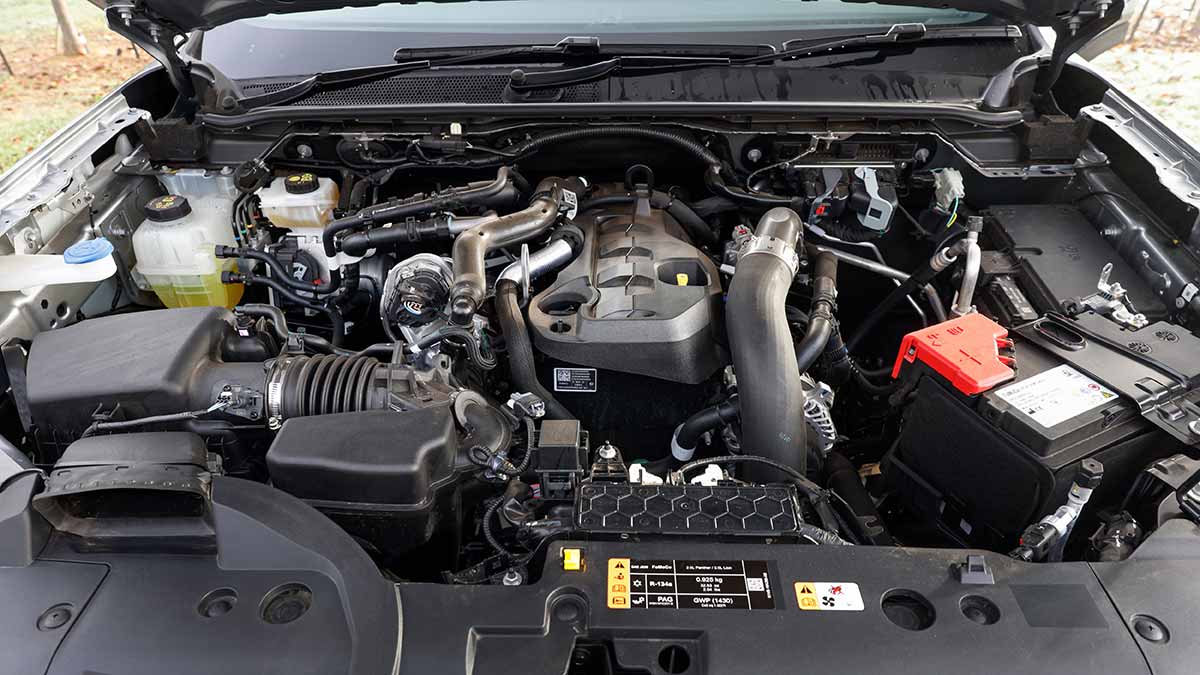 Engine bay of Ford Everest Active SUV with 2.0-litre single-turbo diesel engine.