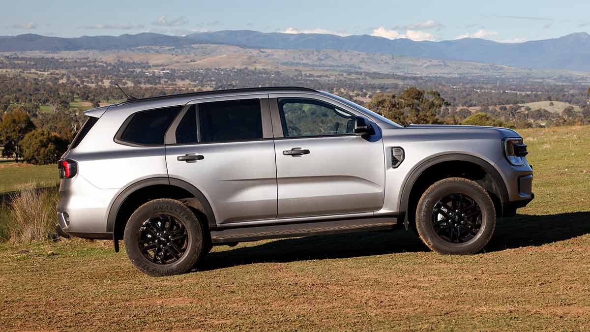 Profile view of silver metallic Ford Everest SUV on hillside of rural property with paddocks, bush and mountains behind.
