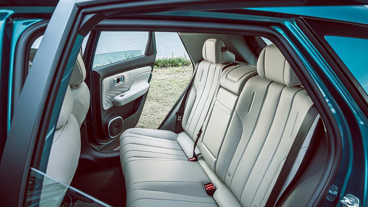 Green GAC Aion UT parked at waterfront location with rear doors open, showing cream coloured trim and roomy back seat.