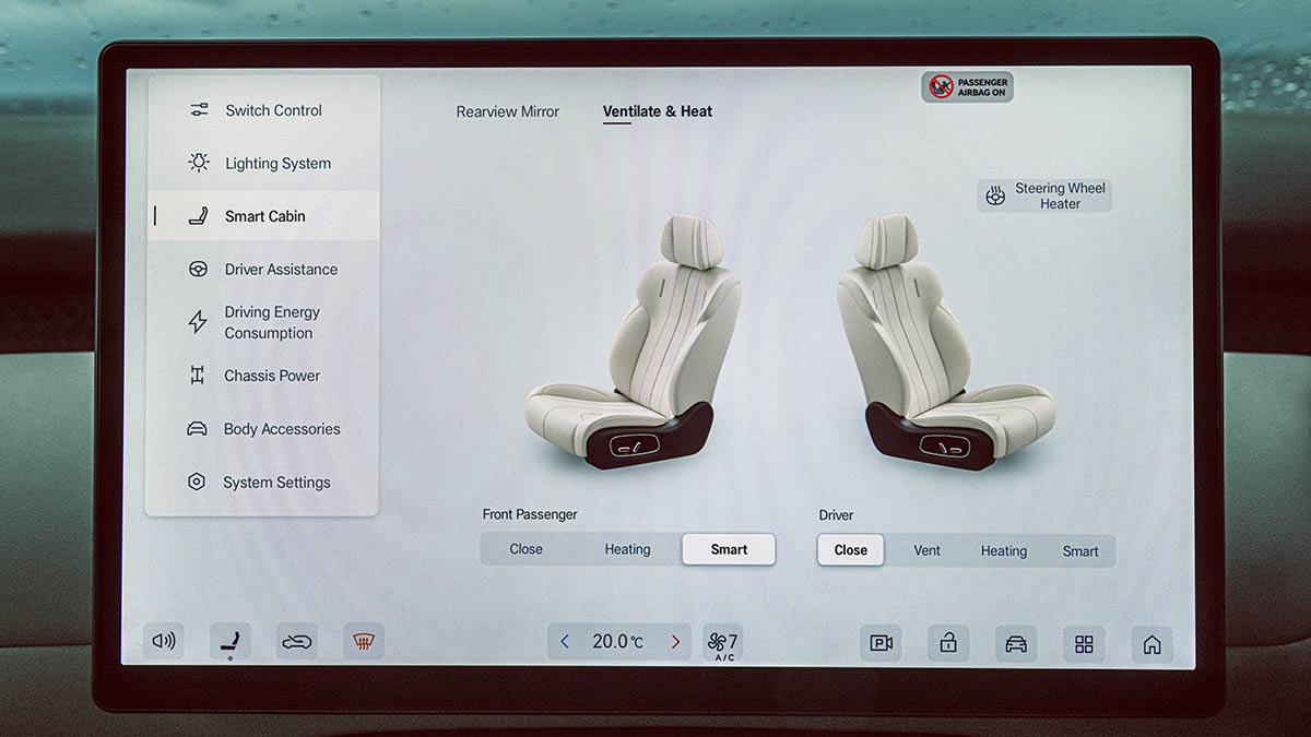 Central screen on dash of GAC Aion UT showing front seat adjustment settings.