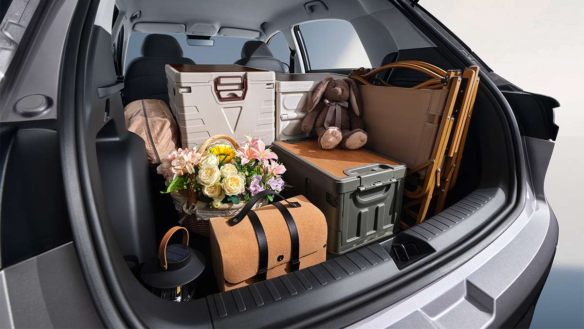 Cargo area of Geely EX2 city car loaded with different types of luggage, bags, deck chairs, toys and flowers.