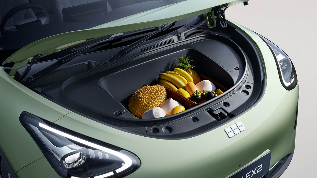 Bonnet of pistachio green Geely EX2 open to show 70L trunk filled with tropical fruit such as bananas and pineapple.