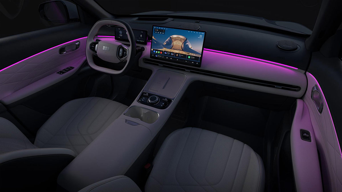 Cabin of Geely Starray SUV with purple ambient interior LED lighting across dash and doors 