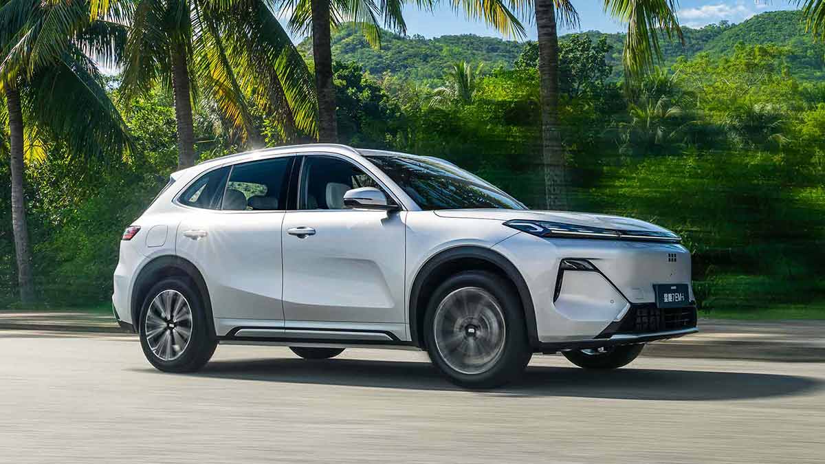 Light coloured Geely Starray EM-i driving on road with palm trees and tropical rainforest behind