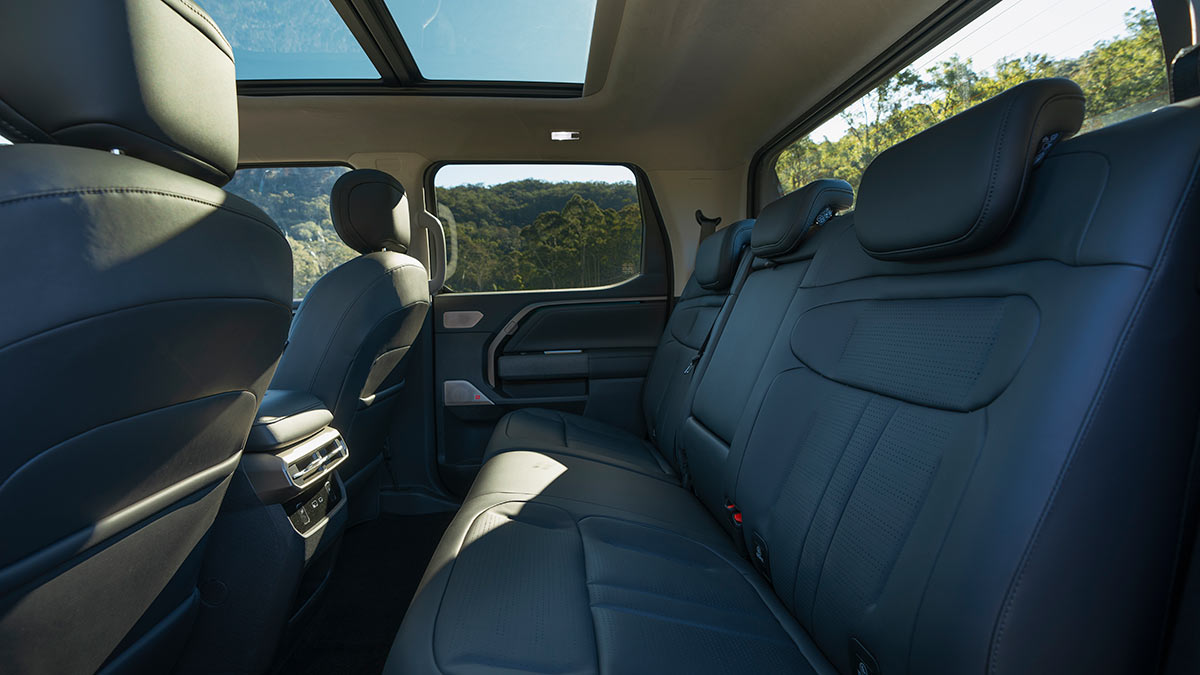 Spacious rear seat area of MG U9 dual-cab ute.