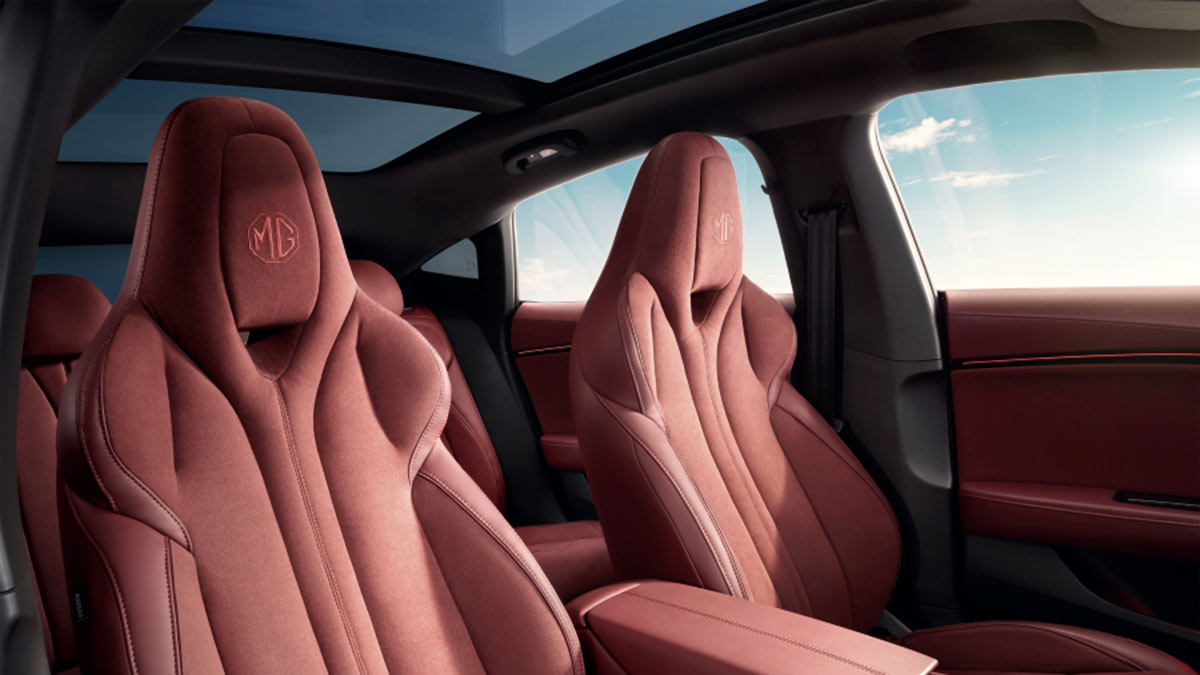 Bordeaux red Alcantara seat trim and upholstery in MG7 sedan with panoramic sunroof.