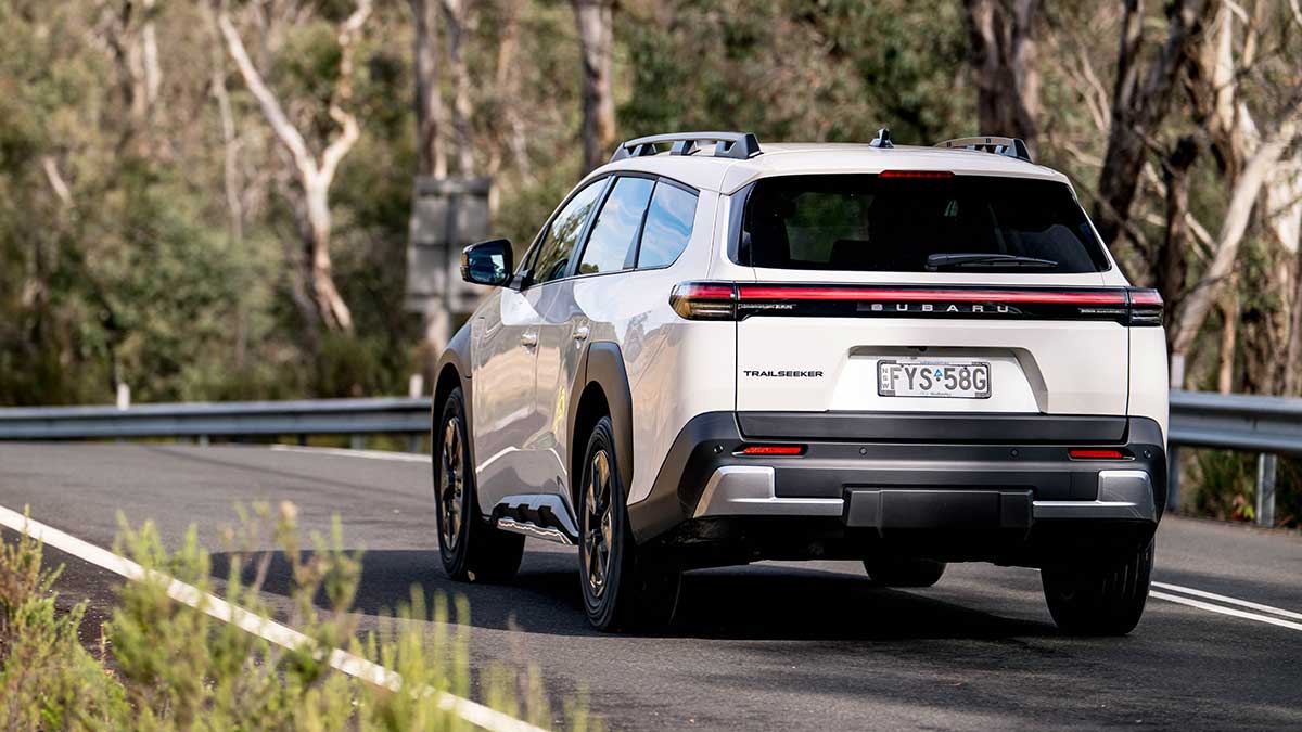 Rear view of 2026 Subaru Trailseeker AWD from electric vehicle range.