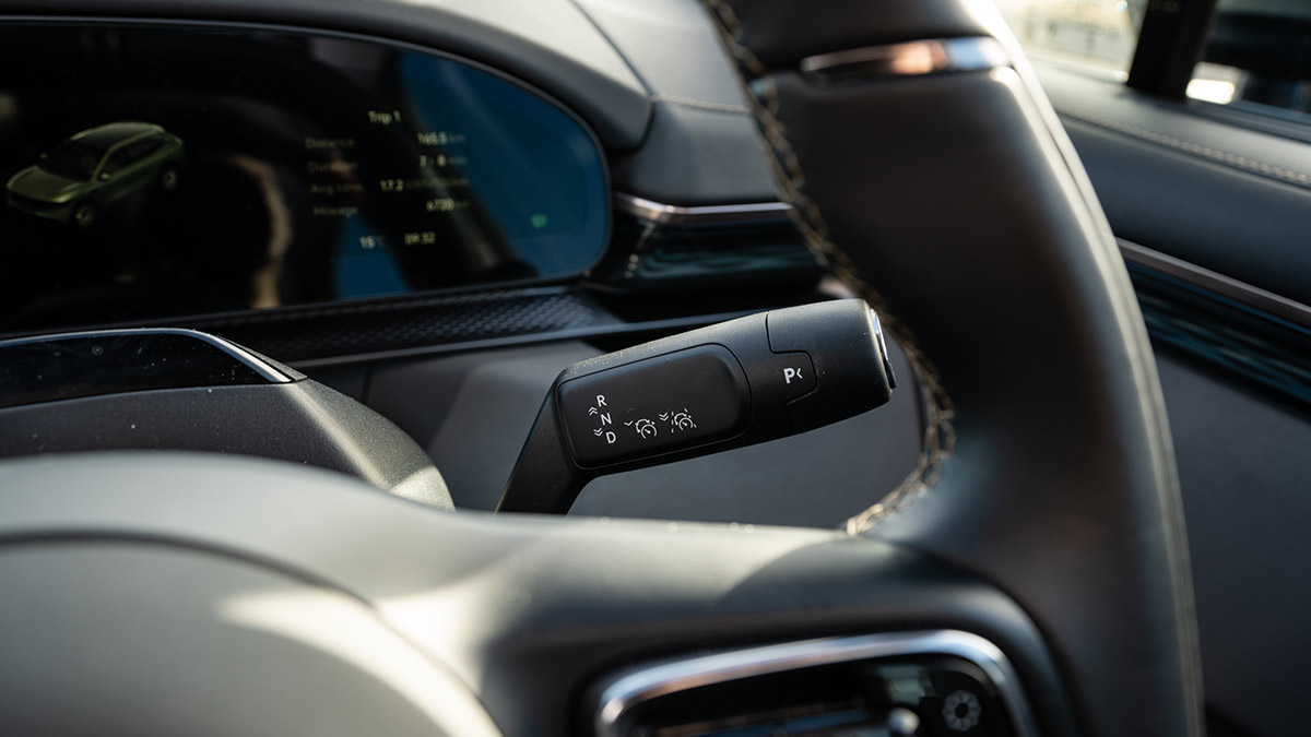 Right-hand steering column stalk on Zeekr 7X electric SUV controlling transmission and active cruise control.