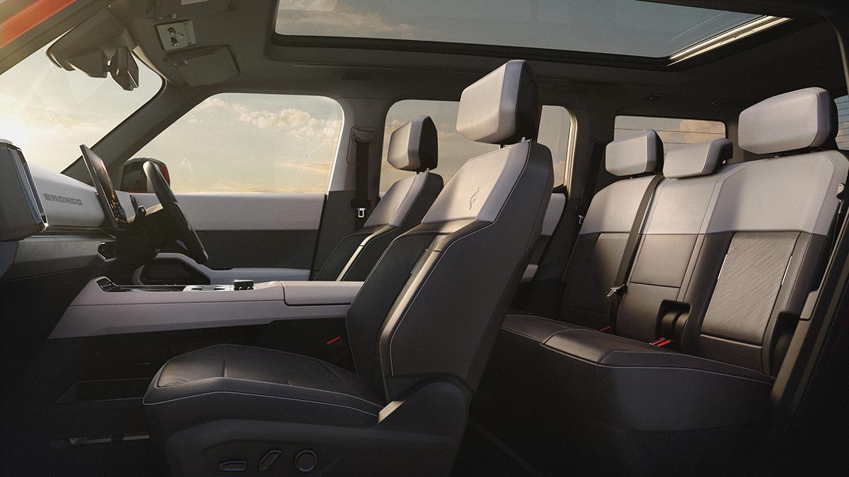 Digital image of Ford Bronco Basecamp showing five-seater layout and large panoramic glass roof.