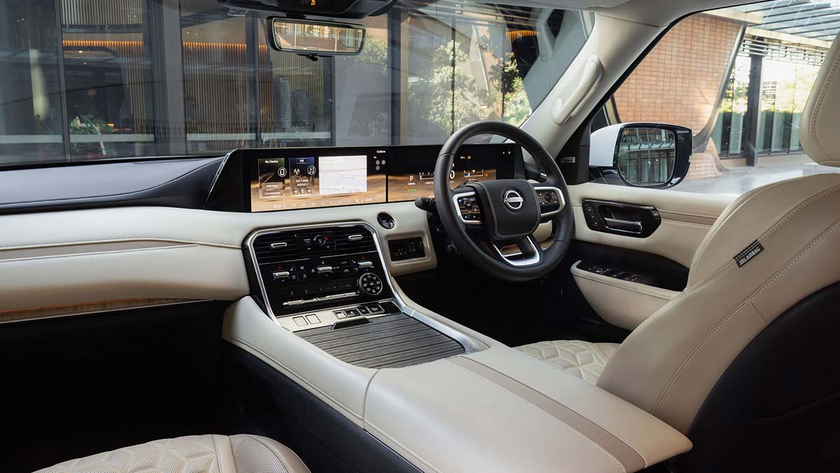 Nissan's dual Monolith Screens - here the 14.3-inch version, host infotainment, navigation and the NissanConnect connected car services suite, with Google Gemini AI installed as standard.