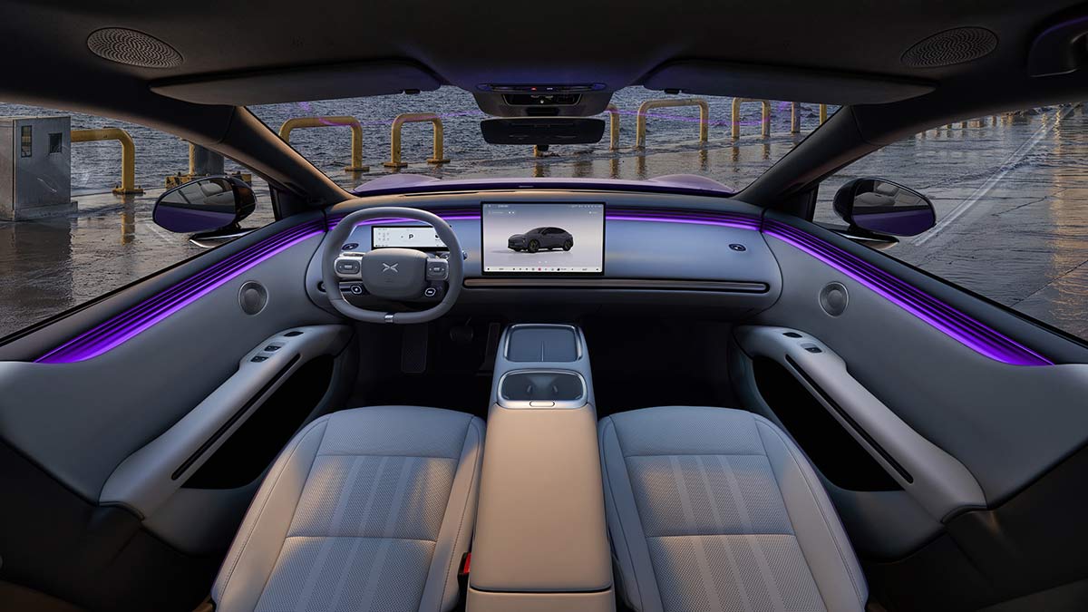 Overhead view of XPeng L03 cockpit showing minimalist layout, light faux leather trim, purple ambient interior lighting.