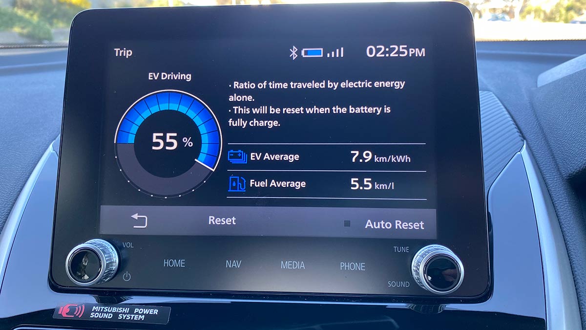 Centre dash display of Mitsubishi Eclipse Cross PHEV showing 55% EV driving as well as fuel economy and battery efficiency.