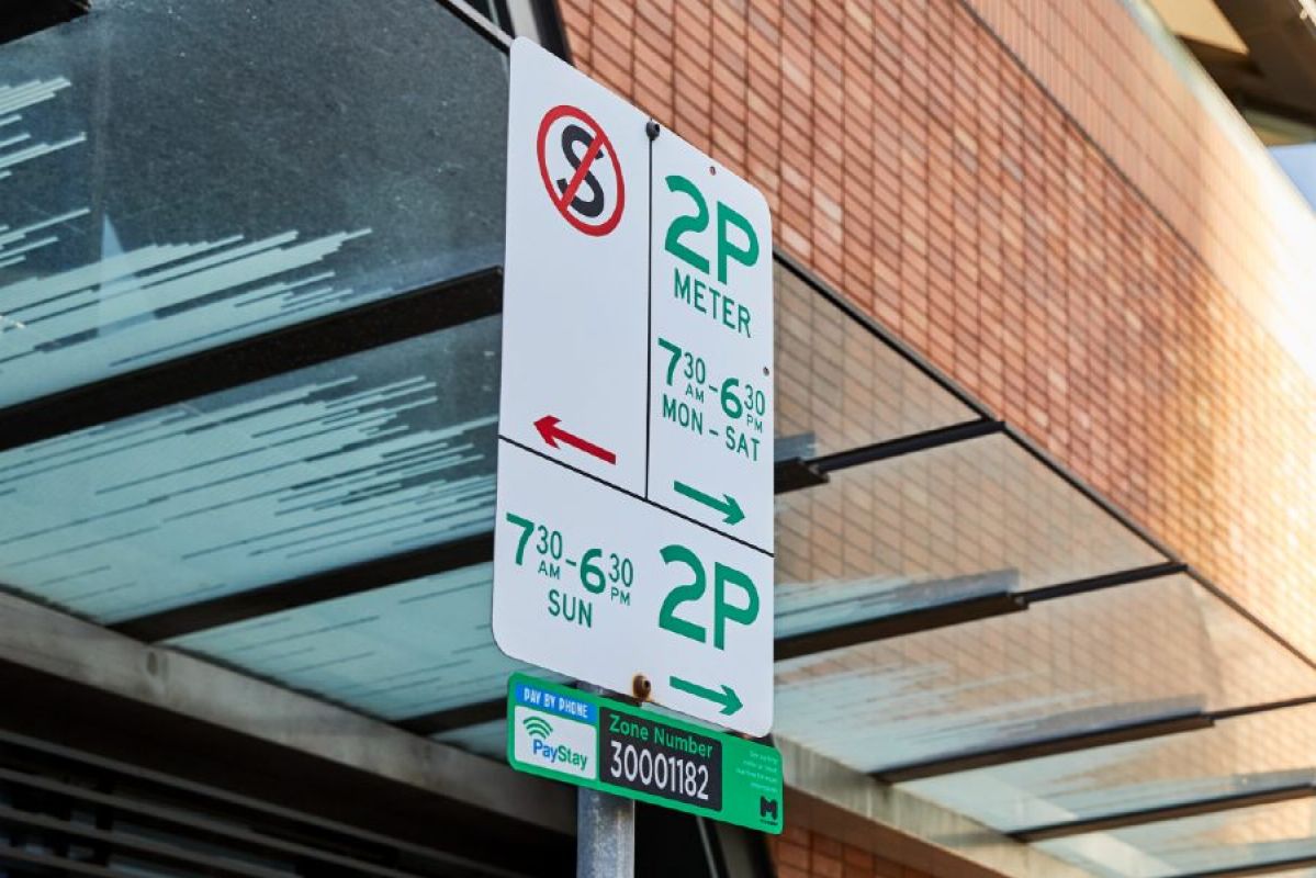A parking sign with various restrictions on it