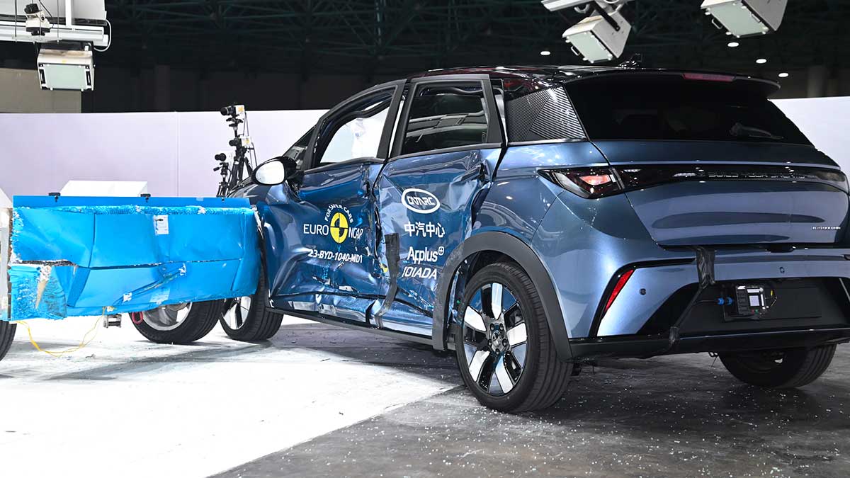 Blue BYD Dolphin hatch with heavily damaged panels after Euro NCAP side impact test.
