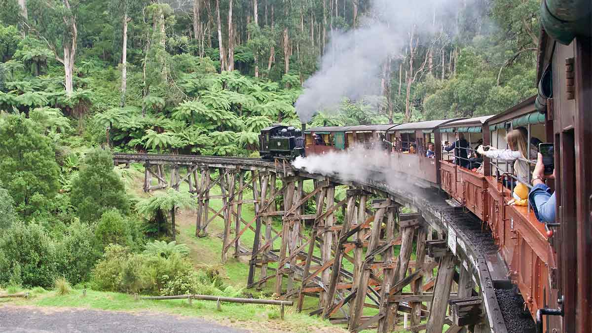 Puffing Billy travelling over wooden bridge