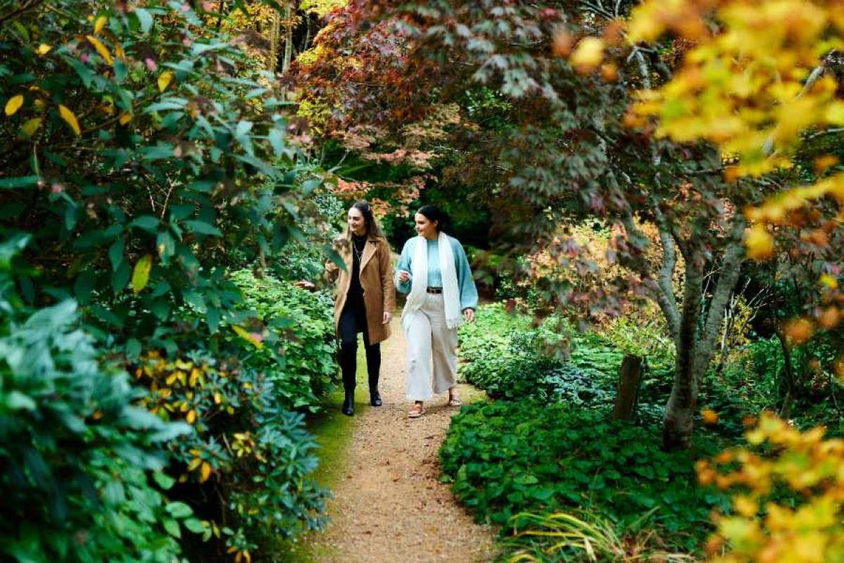 two women walking on gravel path through lush gardens