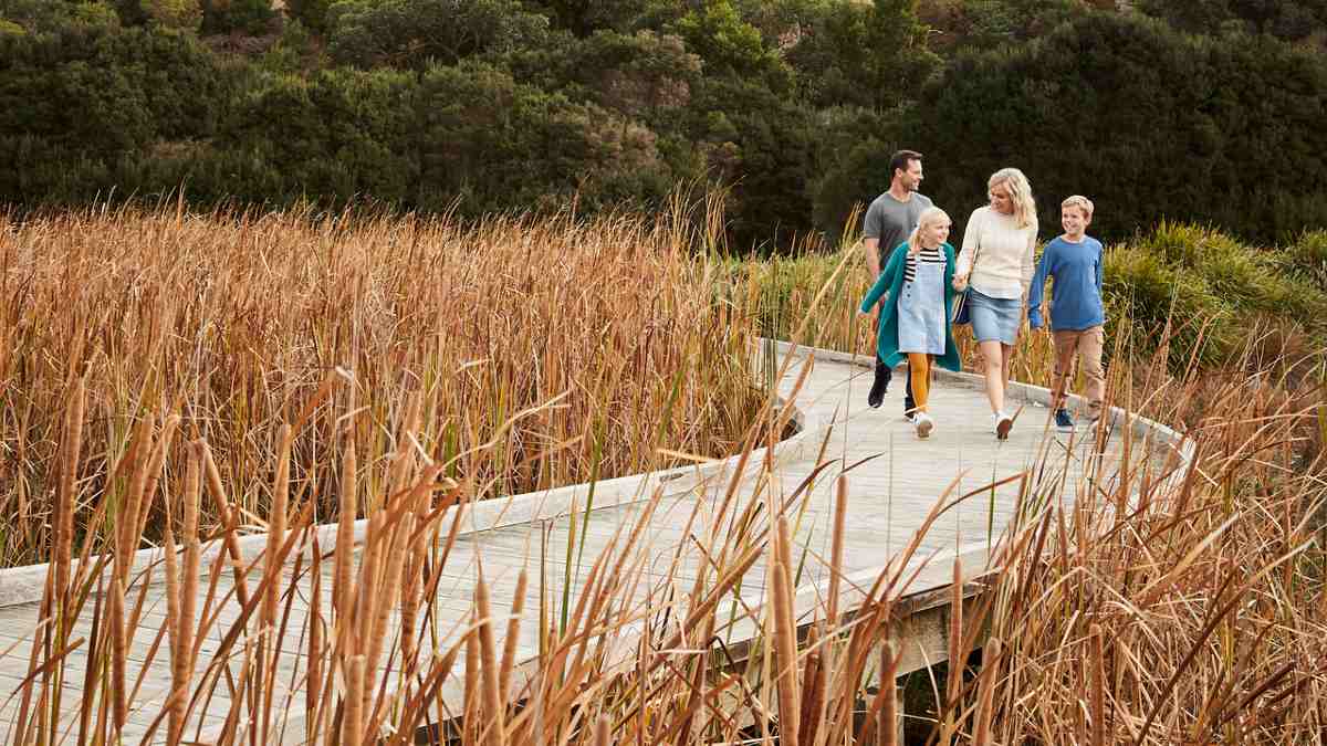 A family walking on a boardwalk