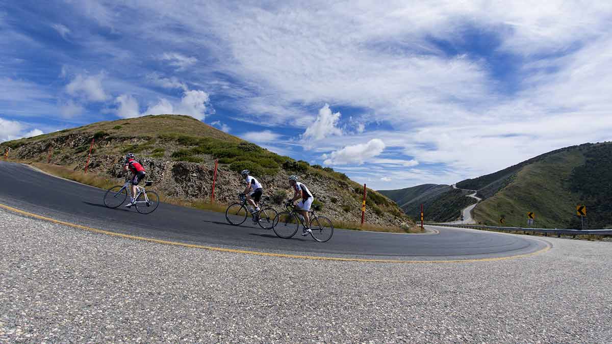 Three cyclists climbing up alpine road towards summit of Mount Hotham