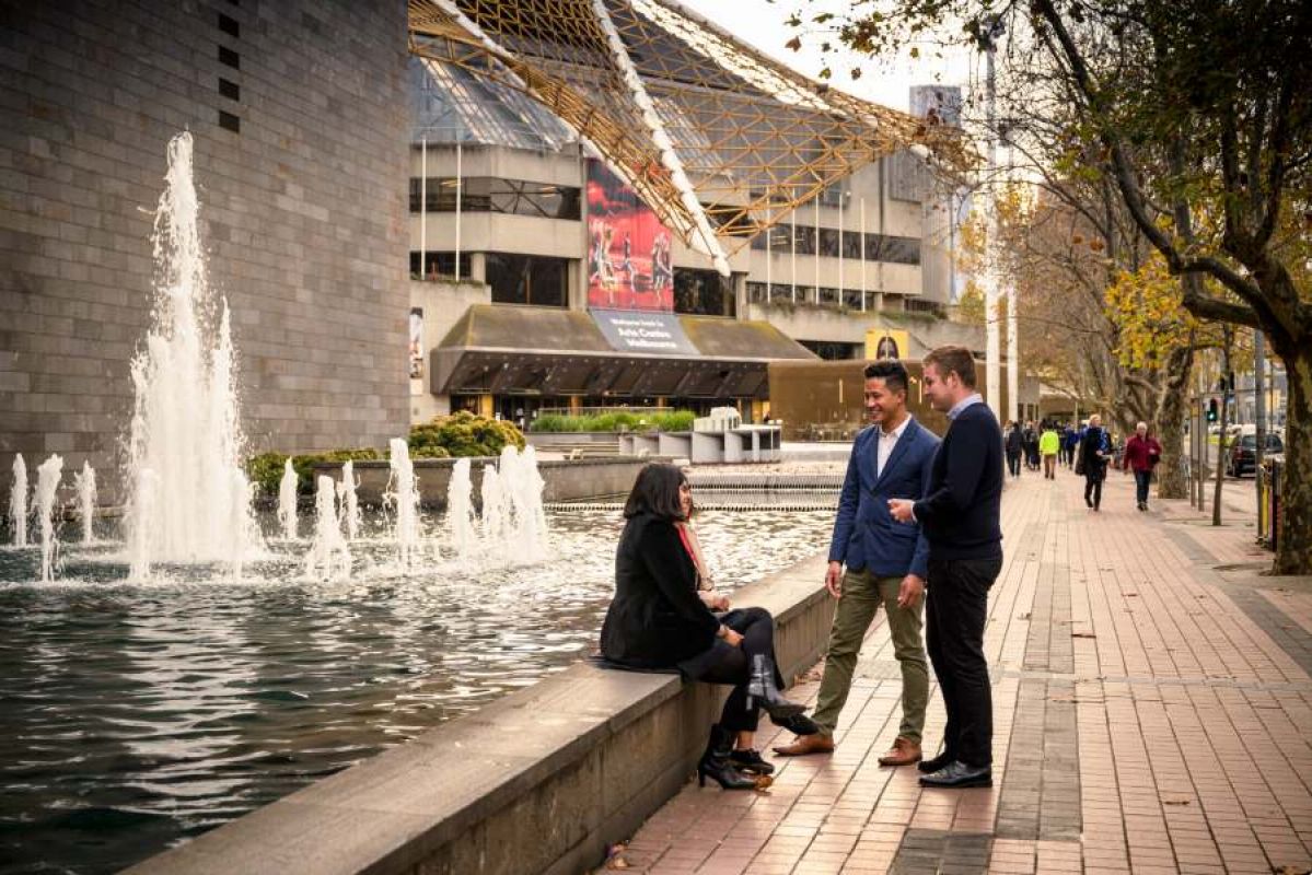 friends talking outside the NGV in Melbourne