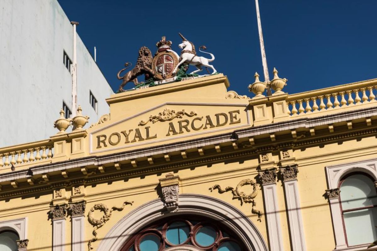 exterior facade of historic shopping arcade