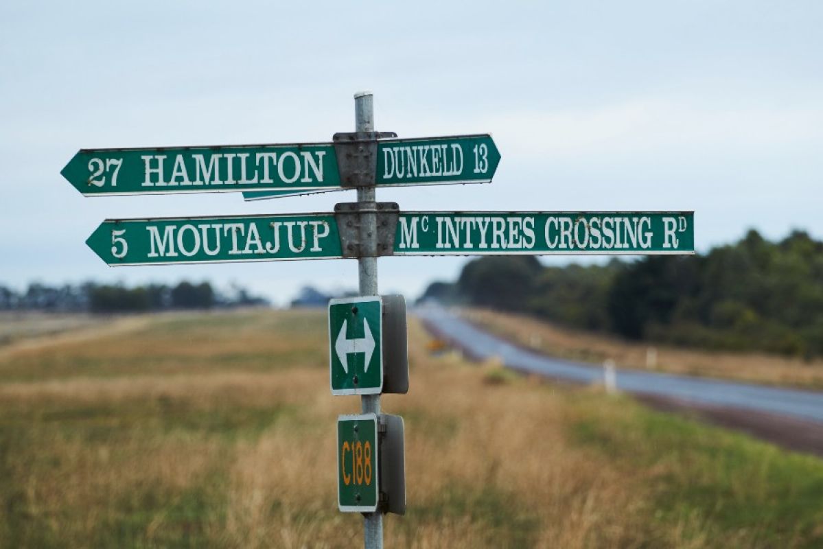 road sign with Hamilton and Dunkeld listed
