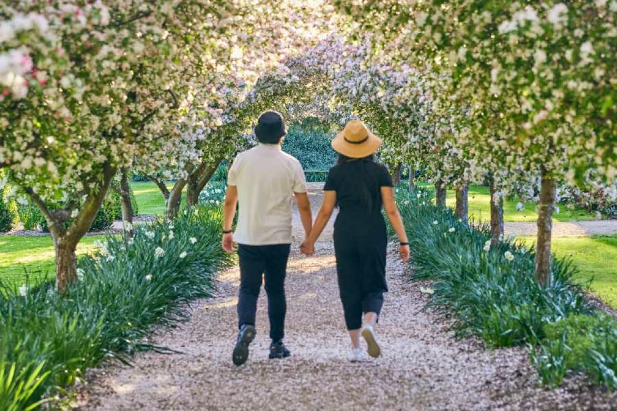 couple walking hand in hand on gravel garden path under blossoming trees