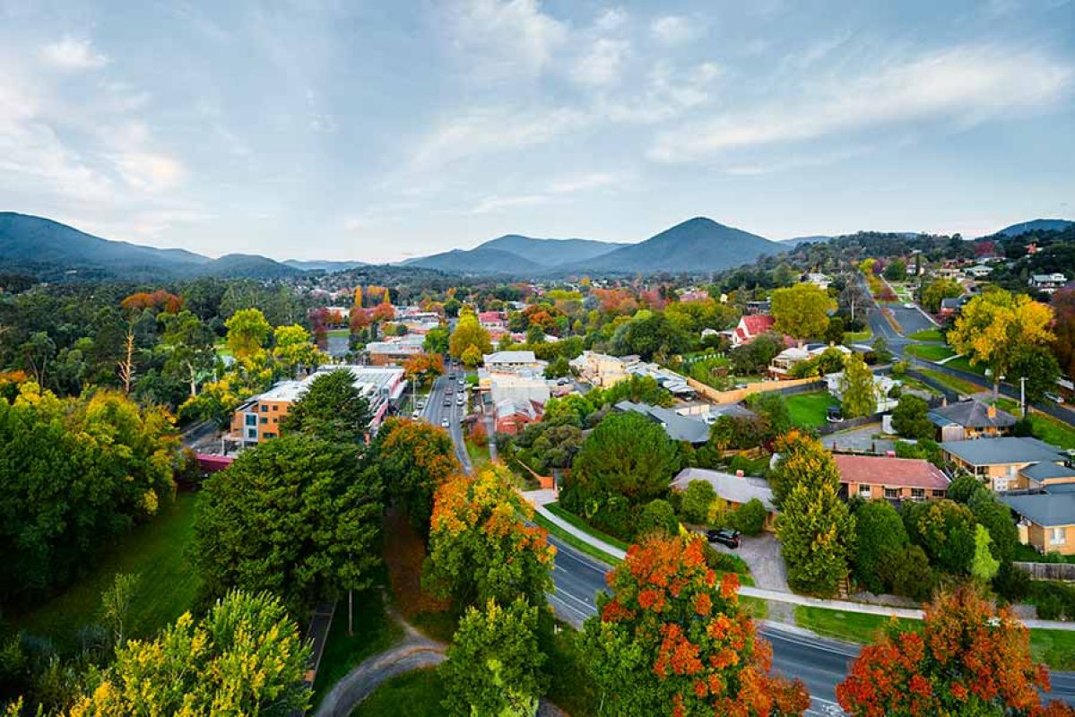Aerial view of Healesville in autumn