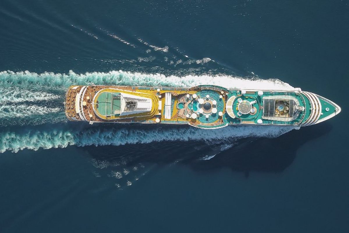 birds eye view of cruise ship on ocean