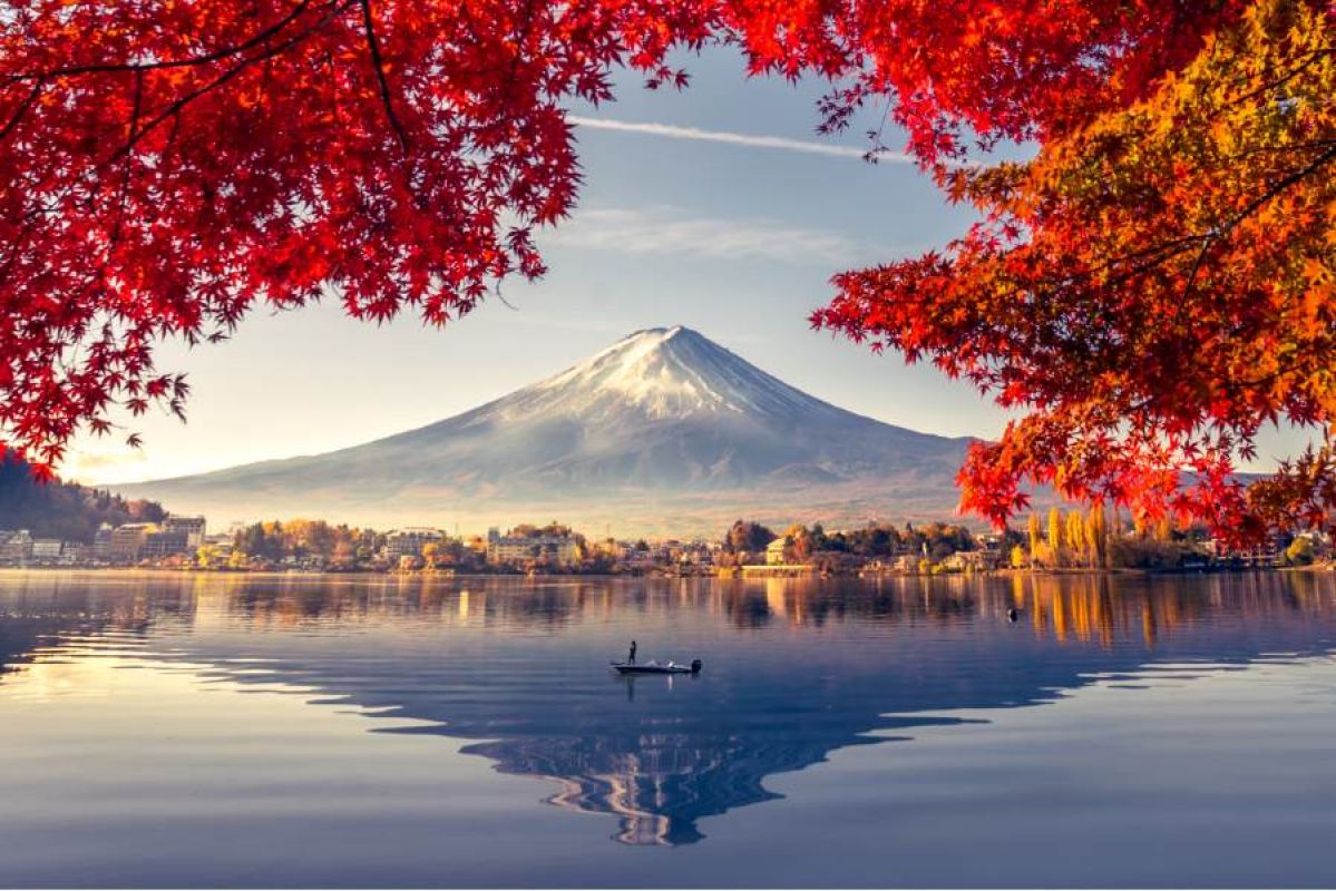 man on boat on Lake Kawaguchiko with Mt Fuji in the background