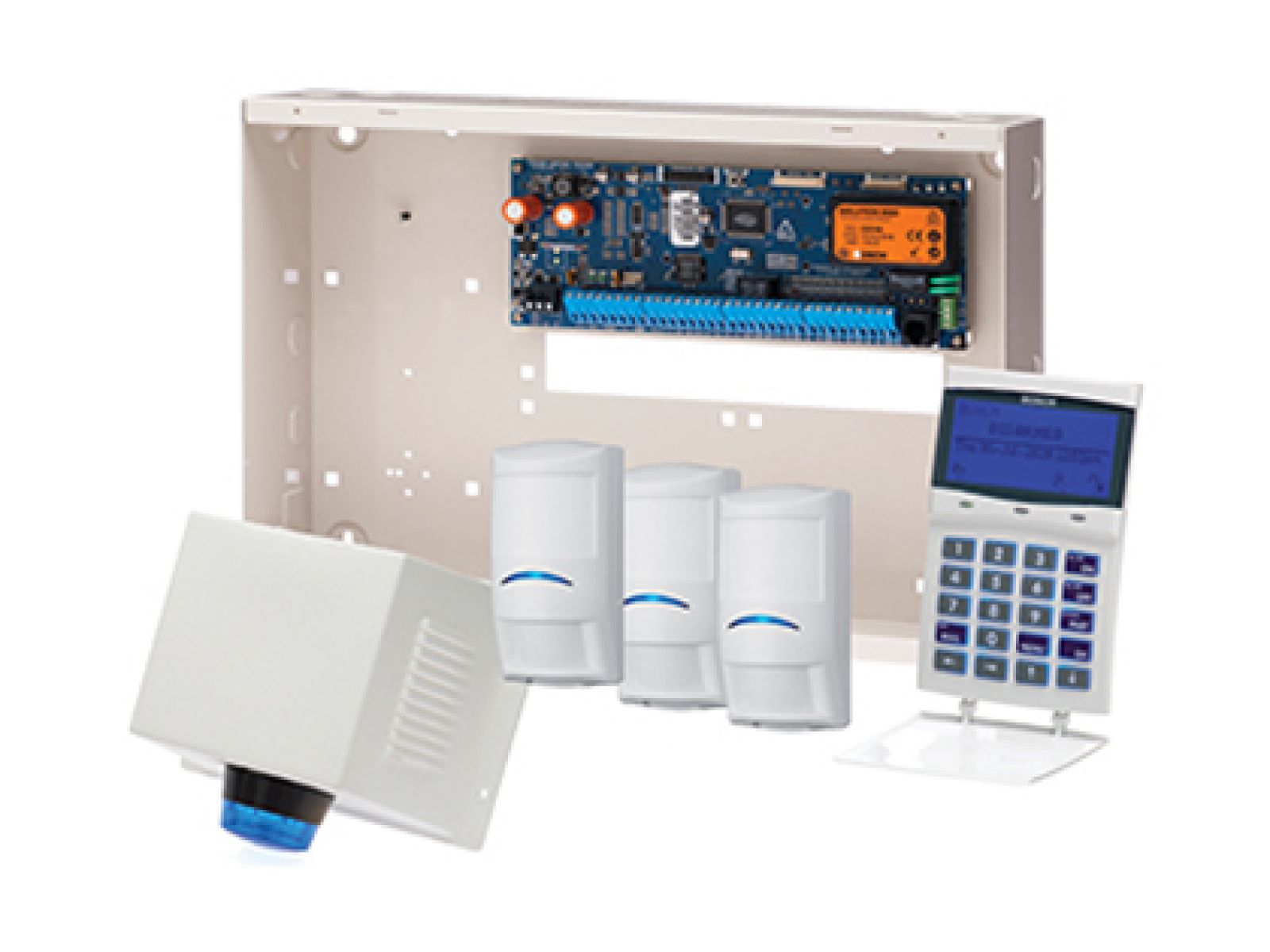 Components of an alarm system including a camera and keypad.