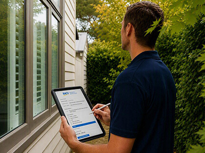 Inspector holding a tablet and looking at the exterior side wall and window of a house.
