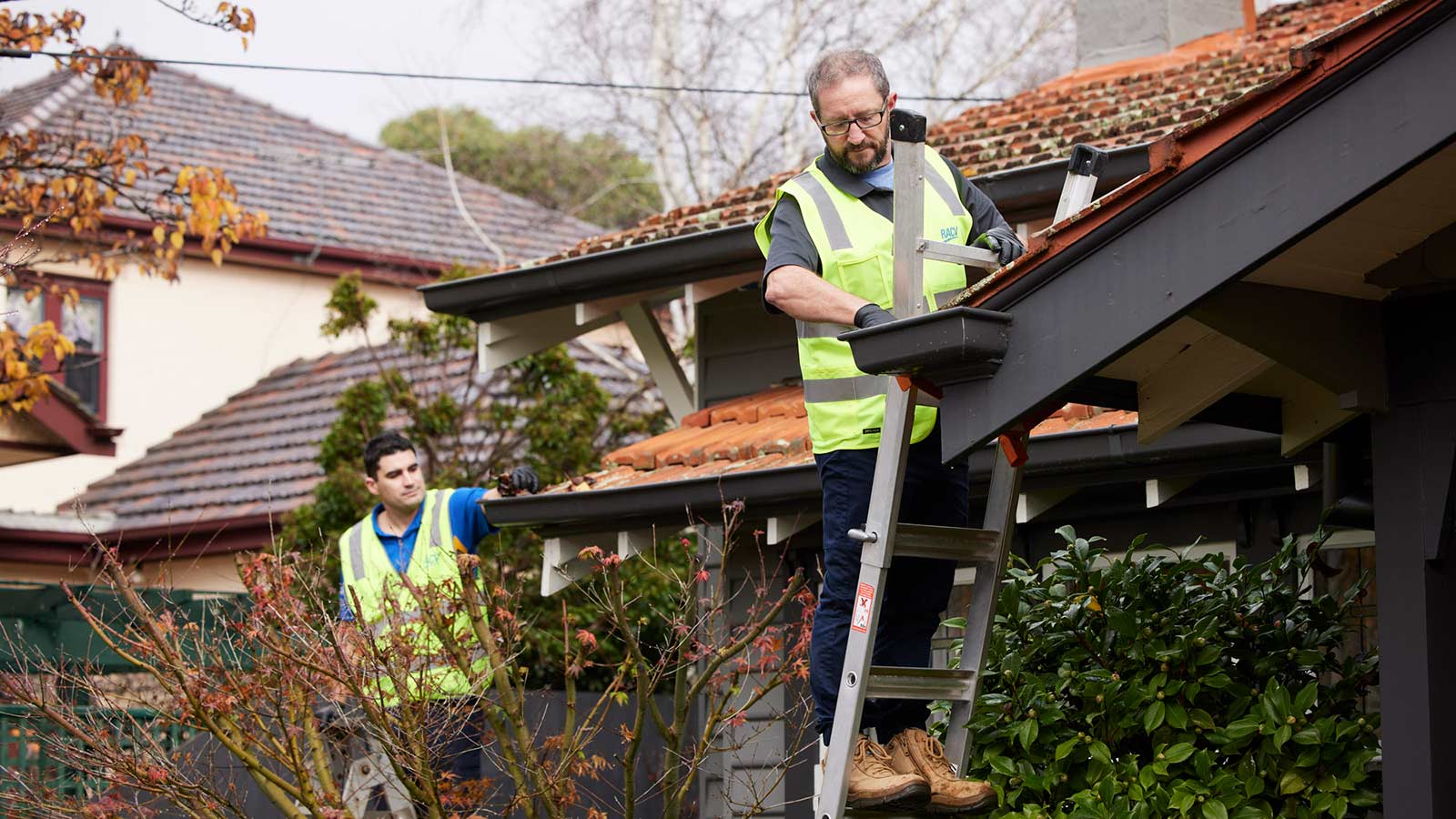 Two tradesmen standing on individual ladders clearing gutters from a roof of a house.