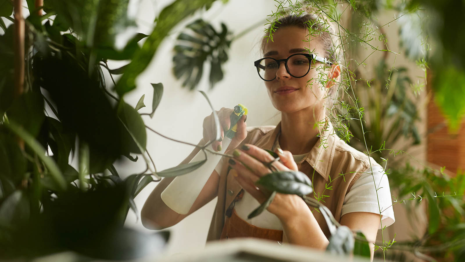 Woman in glasses misting leafy green indoor plants.