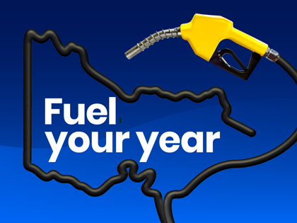 Fuel your year written in bold whote letters surrounded with an illustration of a fuel pum in the shape of Victoria 