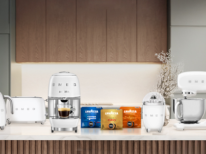 Smeg appliances  on a kitchen bench with Lavazza coffee
