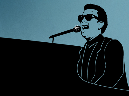 Blue and black outline image of a man playing the piano.