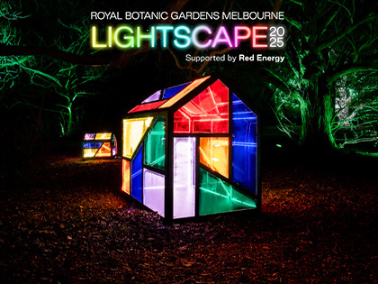 A small house shaped display made with coloured glass and lights in the gardens.