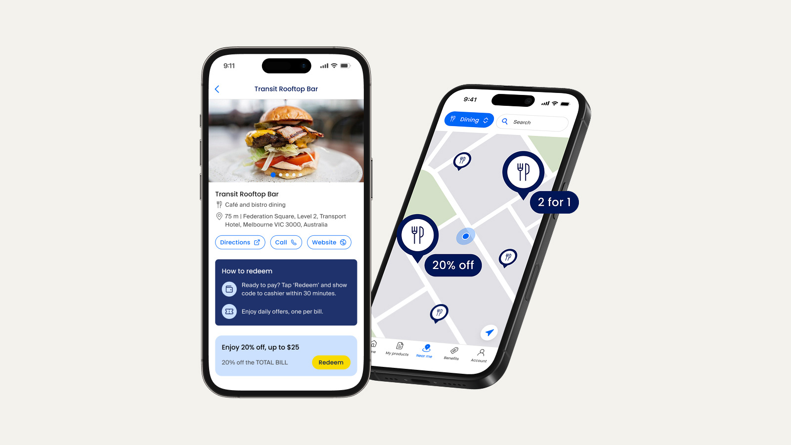 Two handsets showing images of the dining page and dining map in the RACV app.