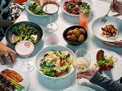 Several vegetable and salad meals plated and displayed on a table. 