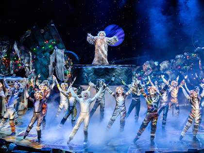 Performers on stage dressed in costume for CATS the musical. 