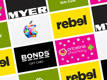 Image of the brands Apple, Bonds, Priceline, Myer and Rebel Sport logos on squares depicting gift cards.