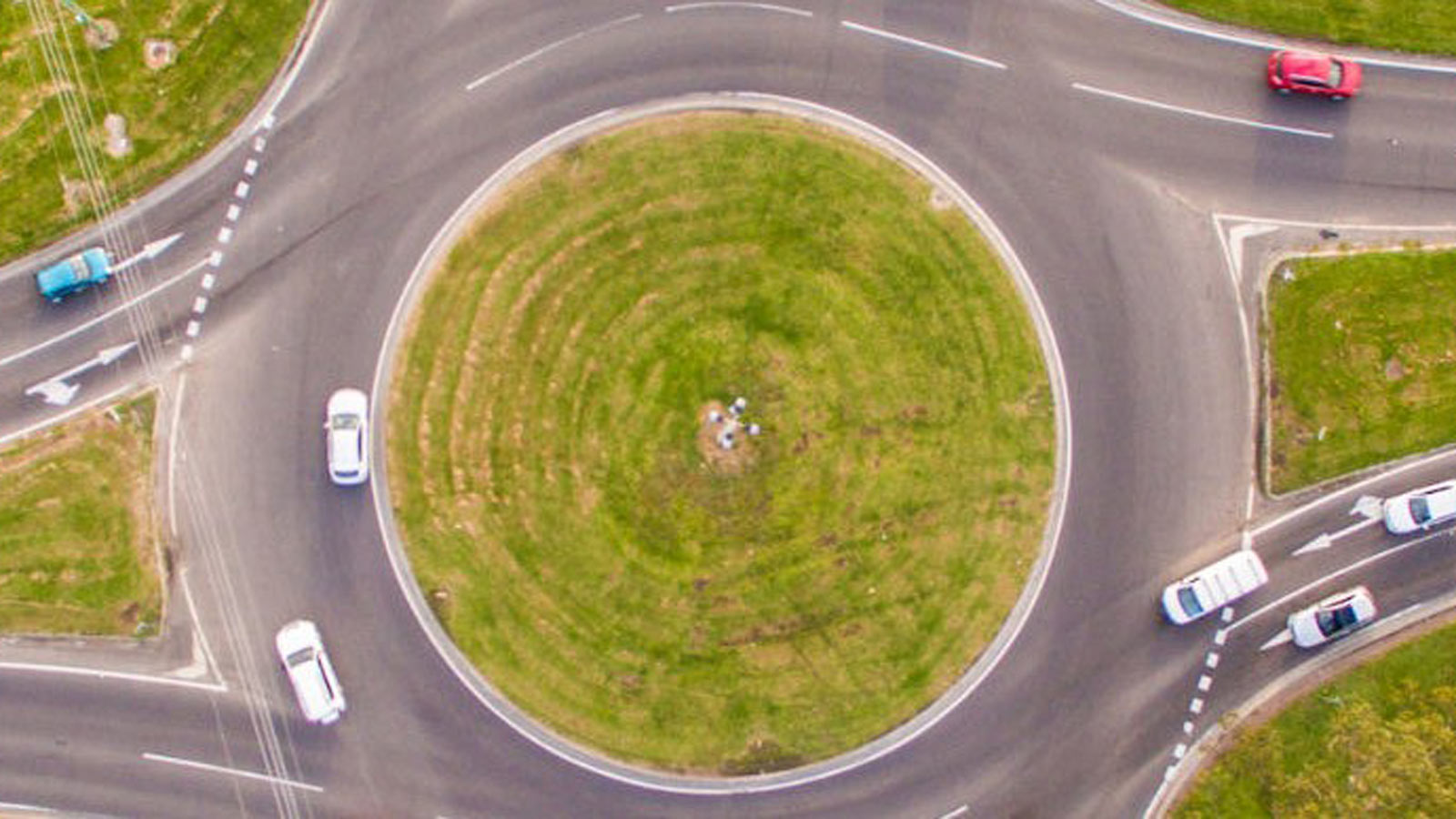 Aerial view of a large roundabout.