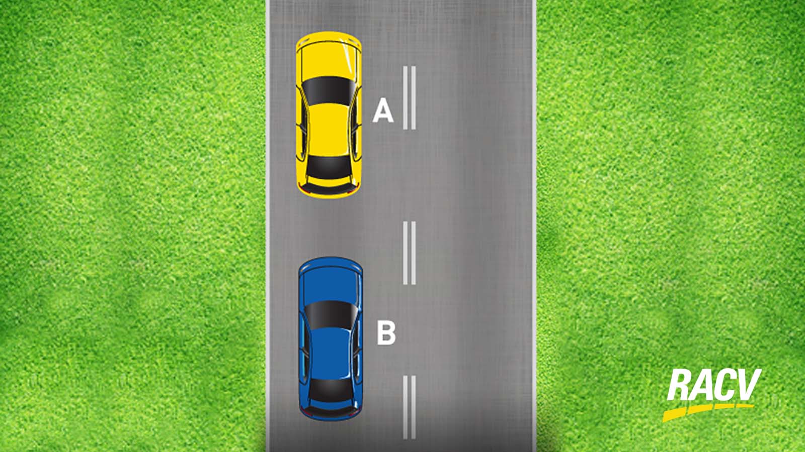 Image depicting two cars driving on a road with double dashed dividing lines.