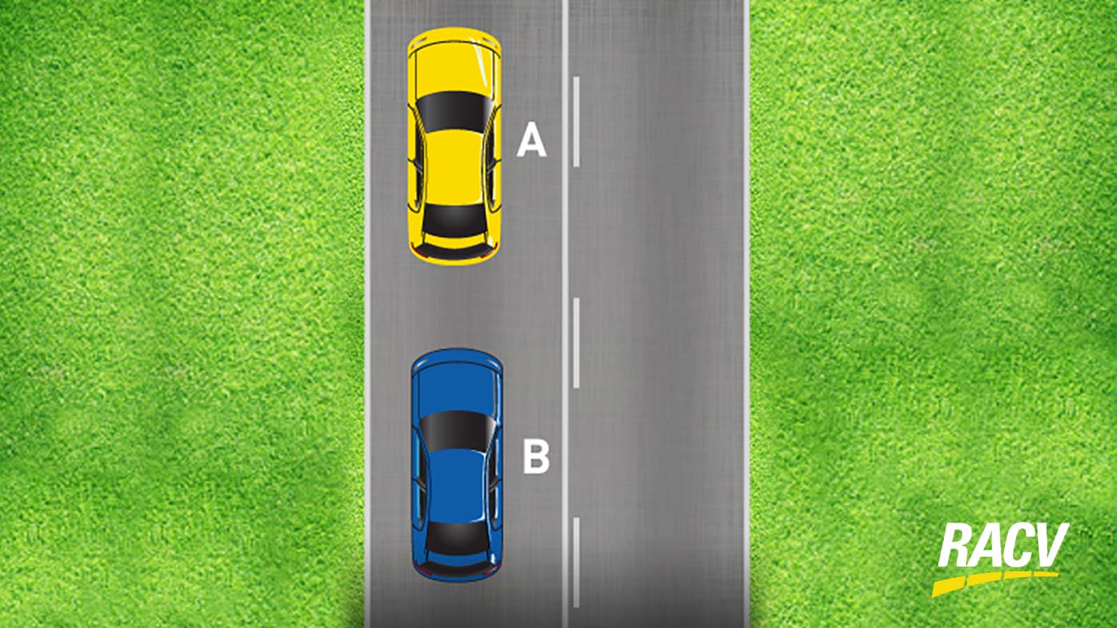 Image depicting two cars driving on a road with a solid left and dashed right dividing line.