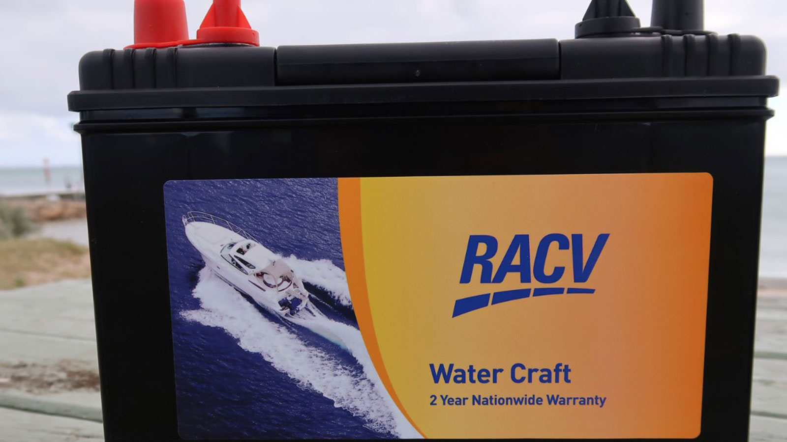 Closeup of an RACV marine craft battery.