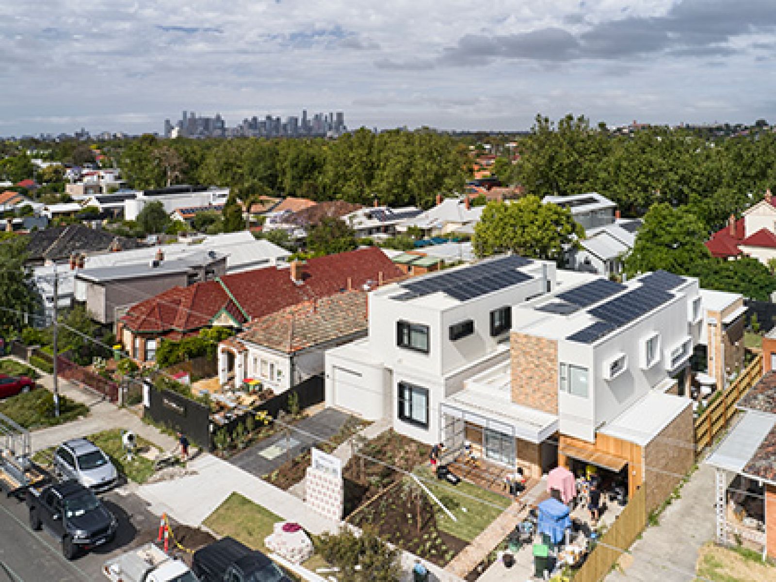 Aerial view of two modern houses fitted with solar panels in Fairfield.