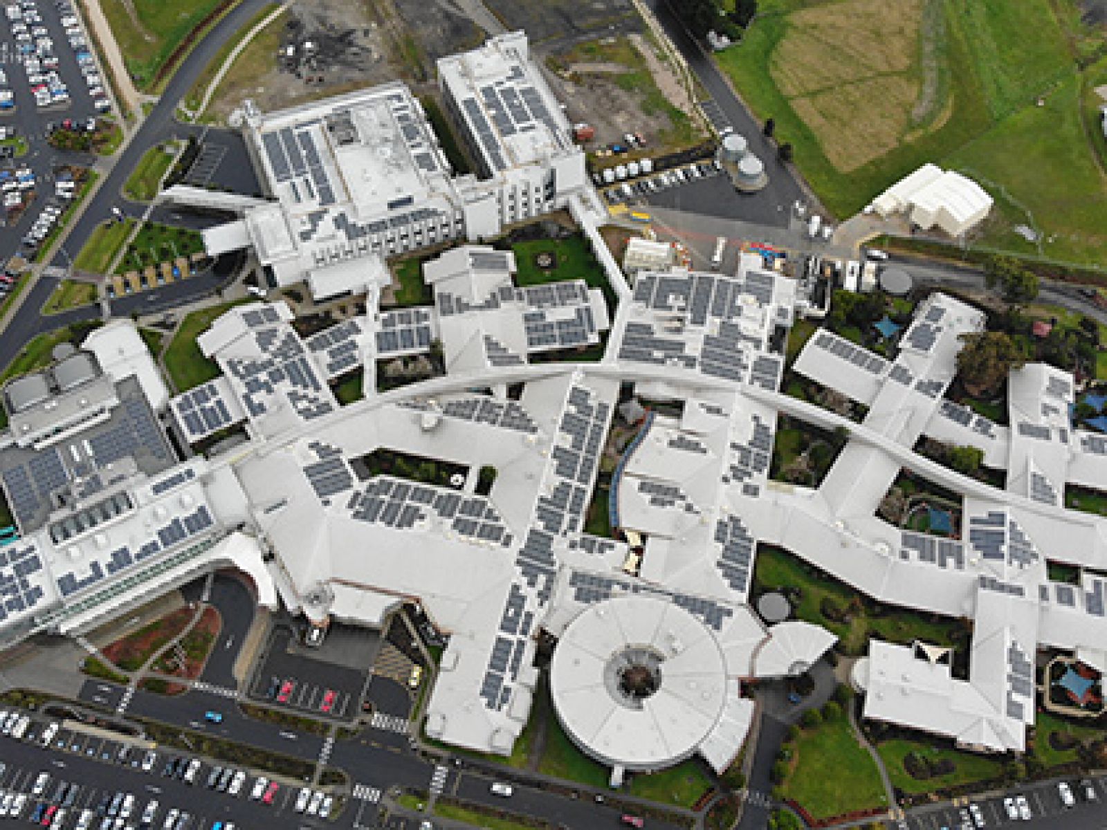 Aerial view of Latrobe Regional Hospital, fitted with solar panels.
